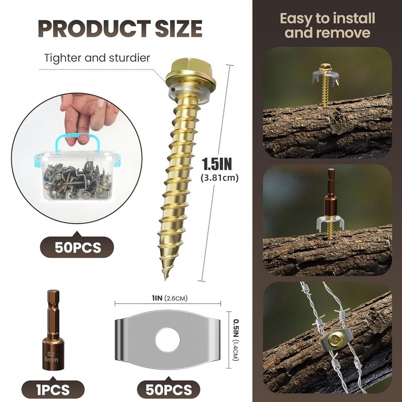 Dabolang 50 PCS Wire Fence Staples with Wire Fixer, Fence Fasteners for Wire Fencing, Fence Post Screws for Softwoods, Reuse/Easy Remove Fence Nails for Mesh and Woven Fencing Repair - Image 2